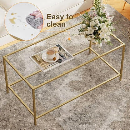 Glass Coffee Table, Modern Rectangular Coffee Table for Living Room, Minimalist Center Tea Table with Sturdy Metal Frame for Apartment, Office, Easy Assembly, 39.4 x 19.7 x 17.7 Inches, Golden