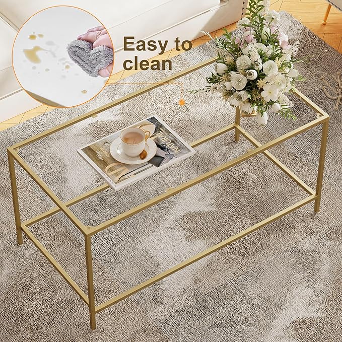 Glass Coffee Table, Modern Rectangular Coffee Table for Living Room, Minimalist Center Tea Table with Sturdy Metal Frame for Apartment, Office, Easy Assembly, 39.4 x 19.7 x 17.7 Inches, Golden