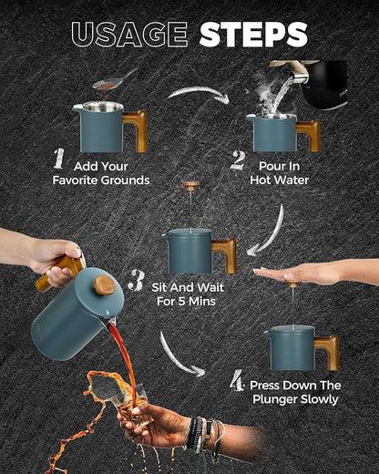 POLIVIAR French Press Coffee Maker, 21 oz Coffee Press with Real Wood Handle, Double Wall Insulation & Dual-Filter Screen, Food Grade Stainless Steel for Good Coffe and Tea, JX2024-SFPU