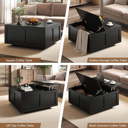 Lift Top Coffee Table with Storage, 31.5" Square Black Coffee Table with Large Hidden Storage, Wood Living Room Table Center Table for Living Room Dining Reception Room