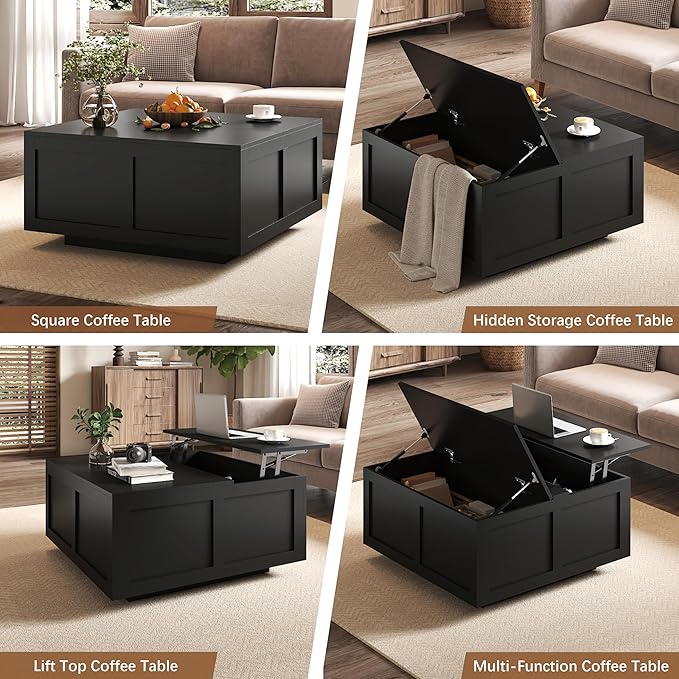 Lift Top Coffee Table with Storage, 31.5" Square Black Coffee Table with Large Hidden Storage, Wood Living Room Table Center Table for Living Room Dining Reception Room