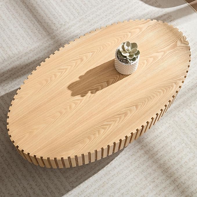 43.7 Inch Oval Drum Coffee Table, Modern Handcraft Fluted Drum Coffee Table, Wooden Round Coffee Table Center Table with Sturdy Pedestal for Living Room Apartment (Natural)