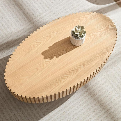 43.7 Inch Oval Drum Coffee Table, Modern Handcraft Fluted Drum Coffee Table, Wooden Round Coffee Table Center Table with Sturdy Pedestal for Living Room Apartment (Natural)