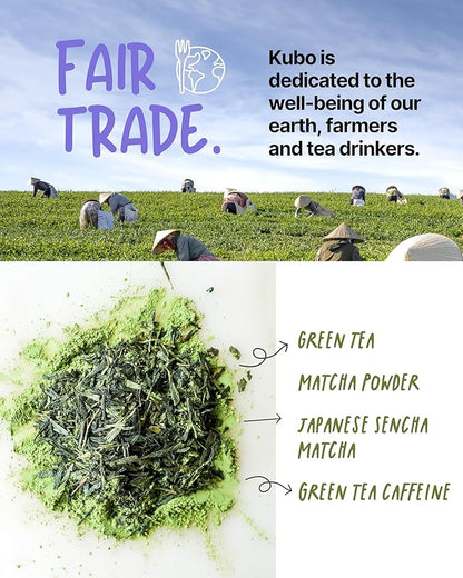 Kubo Tea Japanese Sencha Matcha Tea - Organic High Caffeine Energy Blend w/ Matcha Powder - 20 Pillow Tea Bags (140mg Caffeine each) - Coffee Substitute for Hot & Iced Drinks, Biodegradable & Compostable Packaging