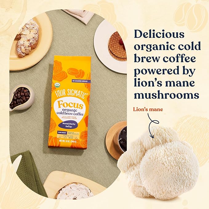 Four Sigmatic Organic Cold Brew Coffee Grounds | Dark Roast, Coarse Grounds with Lion's Mane and Chaga | Cold Brew Mushroom Coffee for Crash-Free Focus | 12 oz Bag