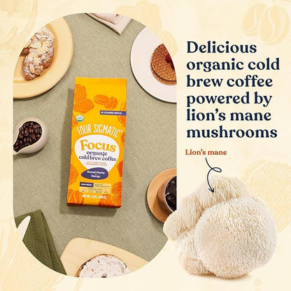 Four Sigmatic Organic Cold Brew Coffee Grounds | Dark Roast, Coarse Grounds with Lion's Mane and Chaga | Cold Brew Mushroom Coffee for Crash-Free Focus | 12 oz Bag