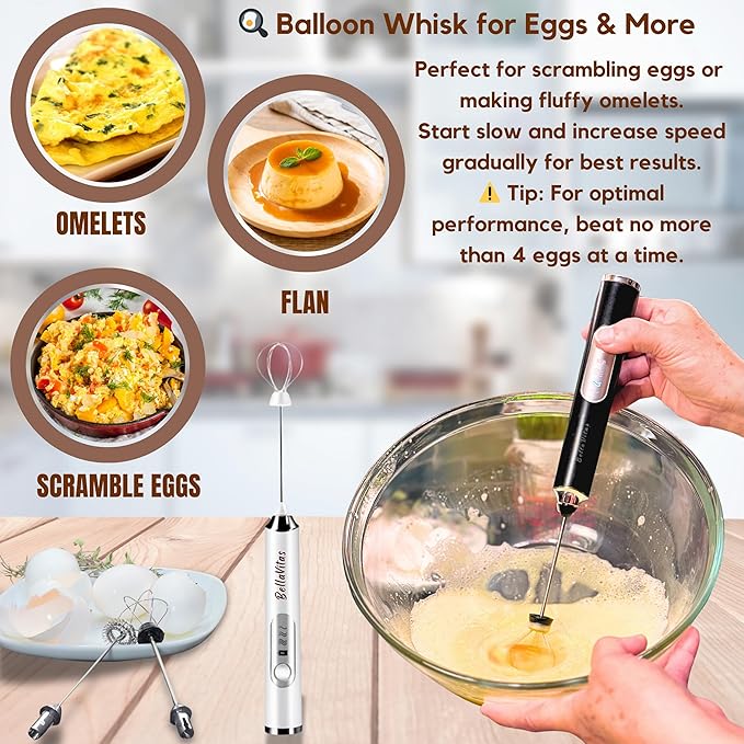 Milk Frother Handheld Rechargeable 3-Speed Electric Frother Wand Whisk Foam Maker Drink Mixer with Stand, 2 Whisks, Spice Shaker, Art Stencils, Art Pen for Coffee Latte, Cappuccino, Black