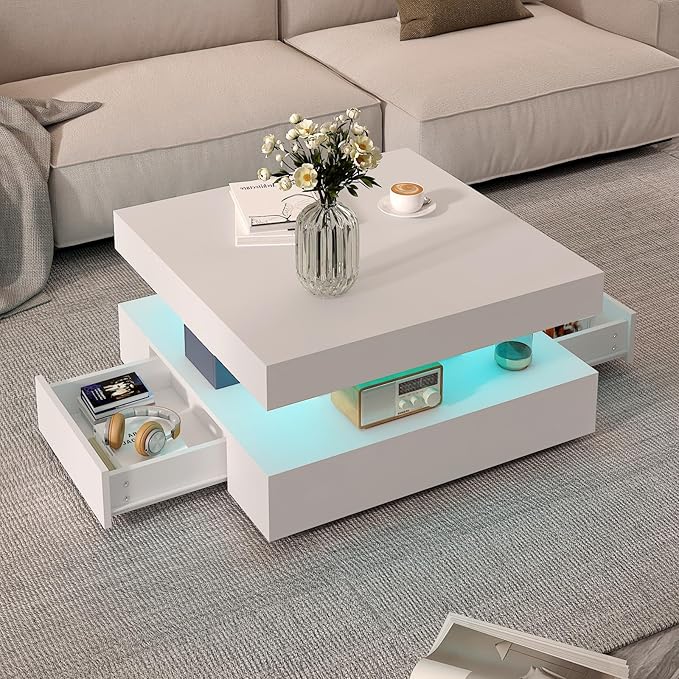 White LED Coffee Table with 2 Storage Drawers for Living Room Square Center Middle Table Modern Cocktail Table with Light 2-Tier Tea Tables Contemporary Mid Century Wood Home Office Waiting Room
