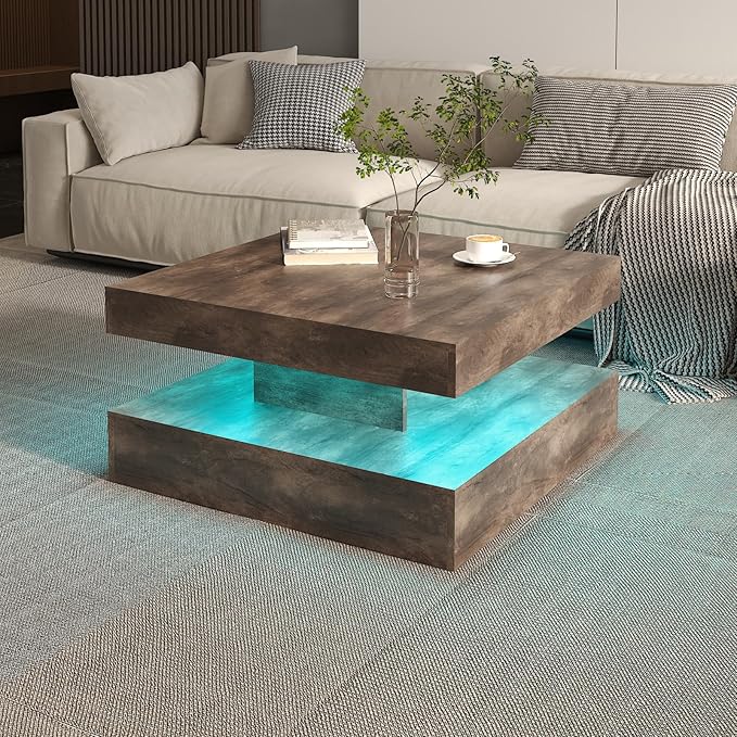LED Coffee Table for Living Room, Living Room Table 2-Tier Square Middle Center Table, Modern Coffee Tables with Storage, Contemporary Wood Tea Tables for Dining Reception, Rustic
