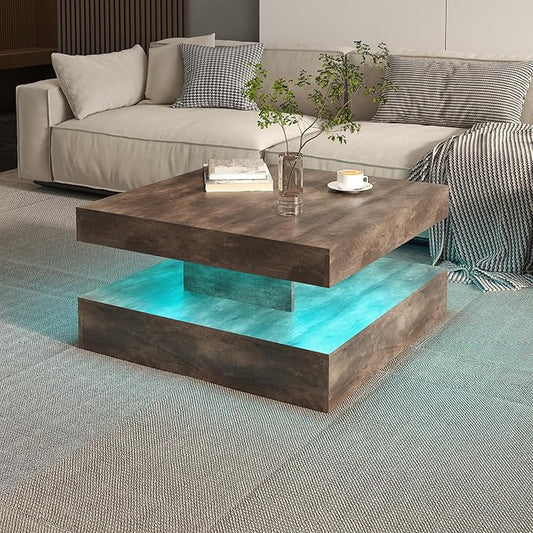 LED Coffee Table for Living Room, Living Room Table 2-Tier Square Middle Center Table, Modern Coffee Tables with Storage, Contemporary Wood Tea Tables for Dining Reception, Rustic