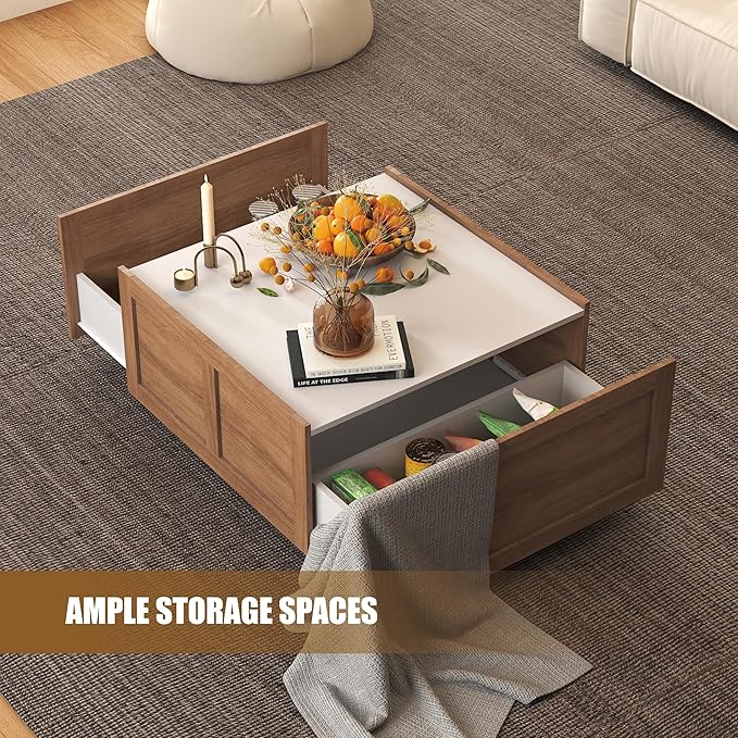 Farmhouse Coffee Table with 2 Storage Drawers for Living Room Square Center Middle Table Modern Cocktail Table Contemporary Mid Century Wood Home Office Waiting Room (White Brown)