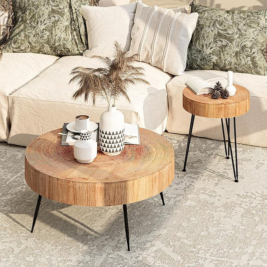 2-Piece Modern Farmhouse Living Room Coffee Table Set, Nesting Table Round Natural Finish with Handcrafted Wood Ring Motif, Light Red + Wood Color
