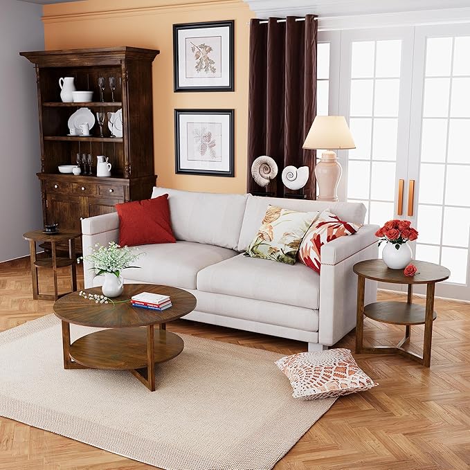 PADMA HOUSE 33.5" Round Wood Coffee Table, 2-Tier Solid Wood Rounded Circle Accent Coffee Table Center Cocktail Table Vintage Furniture for Home Living Room Bedroom,Espresso Brown 3338NC