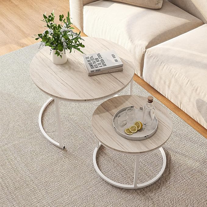 Round Coffee Table Set of 2 End Tables for Living Room,Modern White Coffee Table Nesting Tables,Living Room Tables Wood Furniture Metal Frame,Sturdy Stacking Side Tables,Easy Assembly,Oak