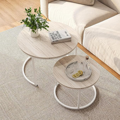 Round Coffee Table Set of 2 End Tables for Living Room,Modern White Coffee Table Nesting Tables,Living Room Tables Wood Furniture Metal Frame,Sturdy Stacking Side Tables,Easy Assembly,Oak