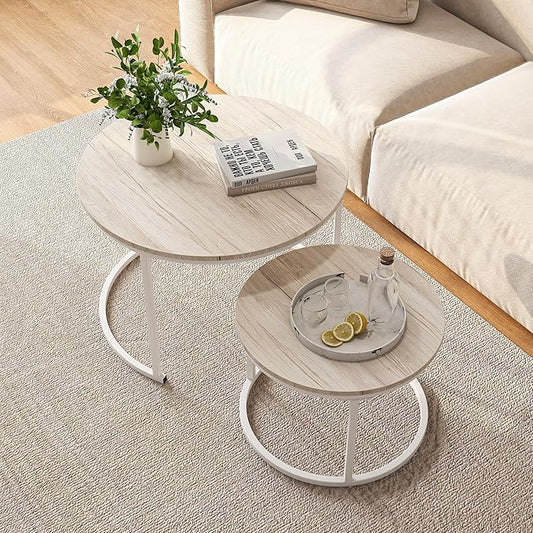 Round Coffee Table Set of 2 End Tables for Living Room,Modern White Coffee Table Nesting Tables,Living Room Tables Wood Furniture Metal Frame,Sturdy Stacking Side Tables,Easy Assembly,Oak