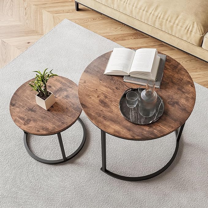 Small Coffee Table Living Room, Black Round Coffee Table Nesting Table Set of 2,Metal Frame with Wood Sofa Table,Sturdy and Easy Assembly,Stacking Side Table for Bedroom,Office,Balcony