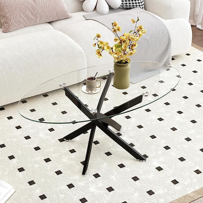 Oval Coffee Table Modern Living Room Table with Tempered Glass Top and Black Metal Legs Contemporary Stylish Center Table Tea Table for Living Room Office