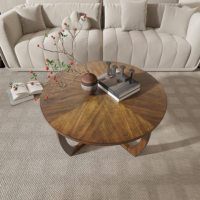 LEEMTORIG Round Wood Coffee Table, Mid Century Modern Round Walnut Coffee Tables for Living Room, 33.5" Dia. Circle Drum Coffee Table with Cross Legs, Easy Assembly, Brown Walnut KFZ-3223