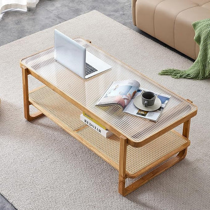 Mid Century Modern Coffee Table with Ribbed Glass Top and PE Rattan Storage Shelf, 45 Inch Rectangular Solid Wood Boho Coffe Table, Unique Center Table for Livinig Room Apartment Small Space
