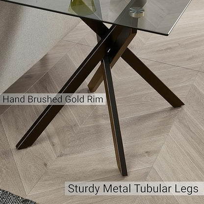 Modern Style Square Side Table with Grey Tempered Glass Top and Black Metal Tubular Legs with Gold Rim 20”Dx20”Wx22”H