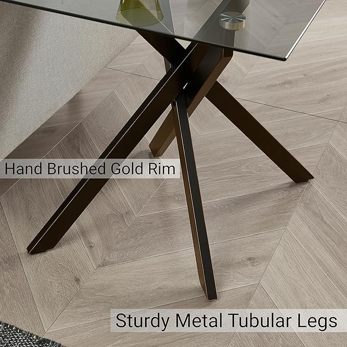 Modern Style Square Side Table with Grey Tempered Glass Top and Black Metal Tubular Legs with Gold Rim 20”Dx20”Wx22”H