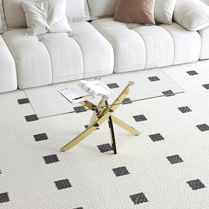 Tempered Glass Coffee Table with Chromed Legs, Rectangle Modern Living Room Table for Home Office Living Room (Gold, 40”x20”x17”)