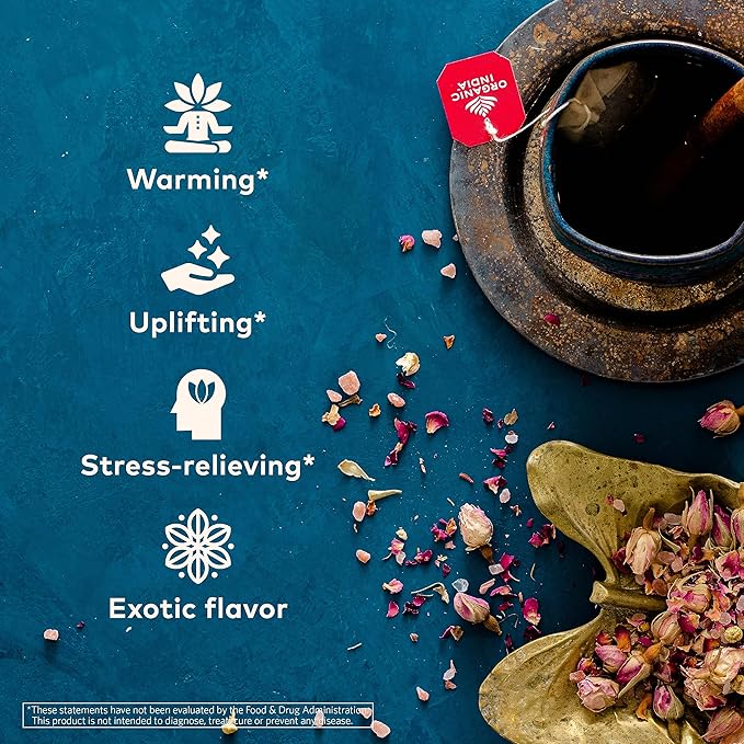 ORGANIC INDIA Tulsi Cinnamon Rose Tea - Tulsi Rose Tea Bags, Cinnamon Tea Bags w/Holy Basil, Chamomile, Caffeine Free - 18 Infusion Bags, 3 Pack