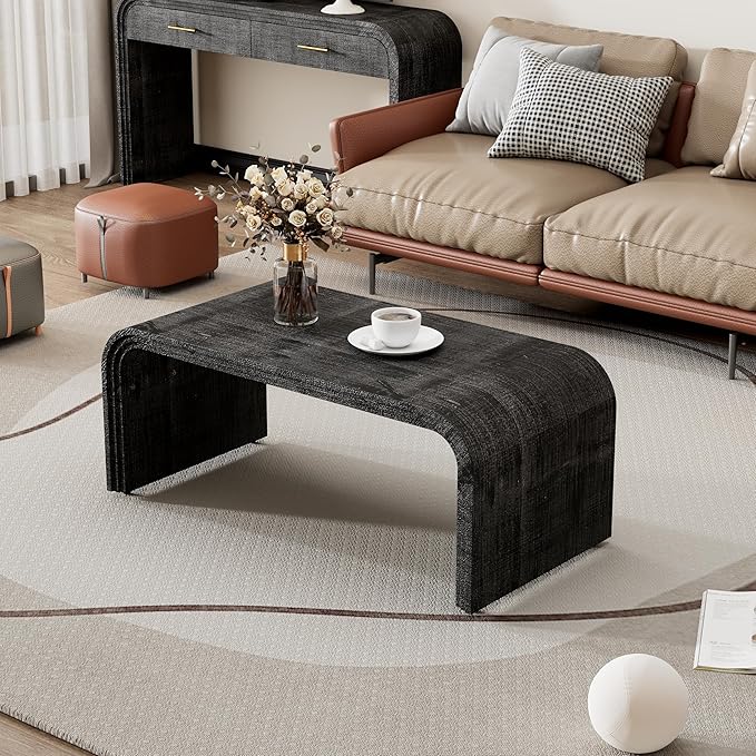 Bellemave Modern Coffee Table with Curved Art Deco Design Center Sofa Table Minimalist Cocktail Wooden Table for Living Room, Antique Black