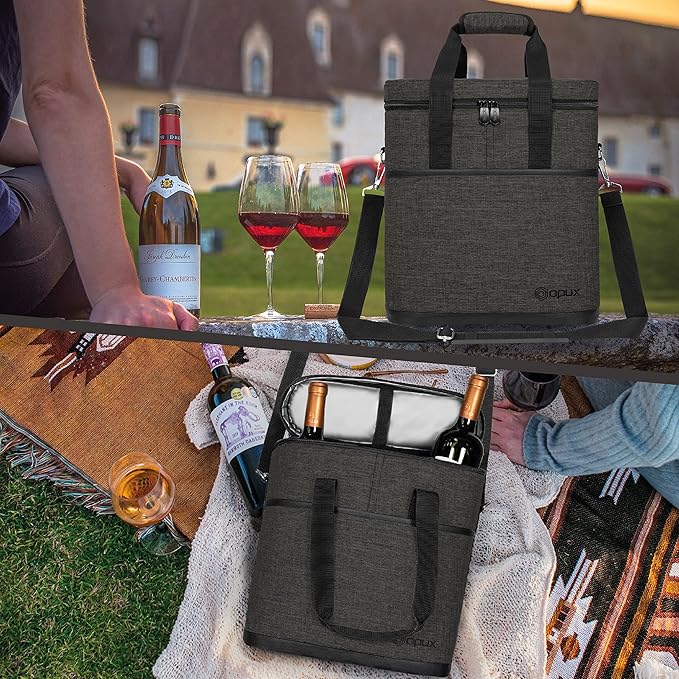 opux 3 Bottle Wine Carrier Tote, Insulated Leakproof Wine Cooler Bag, Wine Travel Bag for Picnic BYOB Beach, Portable Wine Bottle Carrying Case, Gift for Wine Lover Women Men Christmas, Charcoal Grey