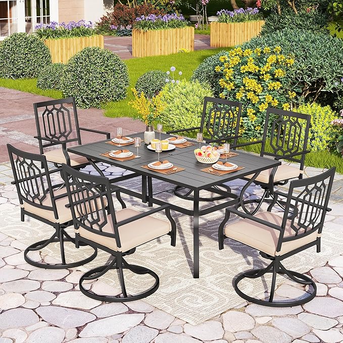 PHI VILLA Outdoor Metal Swivel Chairs Set of 6 Patio Dining Rocker Chair with Cushion Furniture Set for Garden Backyard Bistro, Black