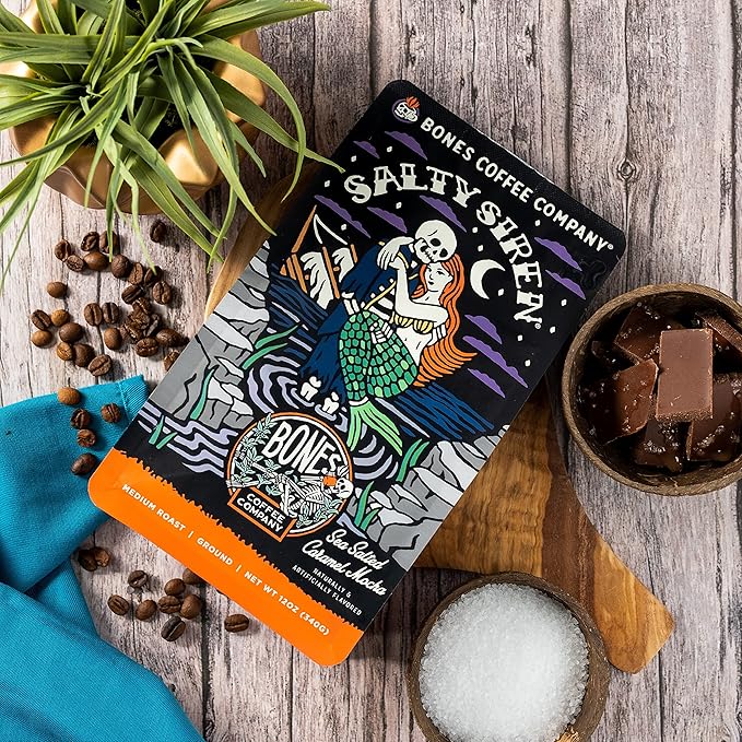 Bones Coffee Company Salty Siren, Sea Saled Caramel Chocolate Flavored Coffee, Medium Roast Low Acid Arabica Beans Compatible with Auto drip and French Press Coffee Maker, 12 Oz Whole Bean