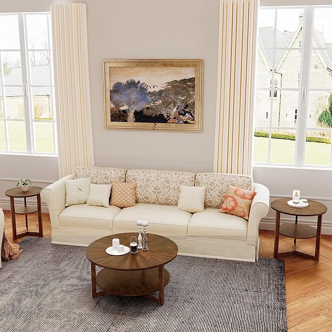 PADMA HOUSE 33.5" Round Wood Coffee Table, 2-Tier Solid Wood Rounded Circle Accent Coffee Table Center Cocktail Table Vintage Furniture for Home Living Room Bedroom,Espresso Brown 3338NC