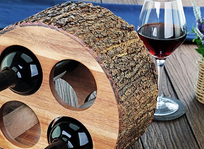 Artaste 48537 Acacia Wood Countertop Wine Rack with Natural Bark, 4-Bottles