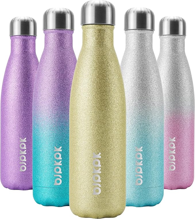 BJPKPK Glitter Yellow Insulated Water Bottle 17 oz Stainless Steel Water Bottles Cola Shape
