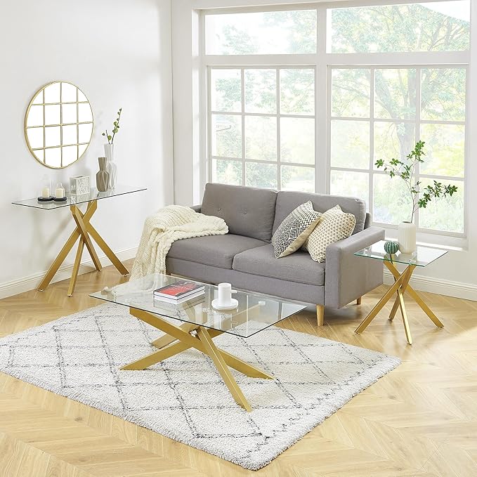 Modern Style Square Side Table with Tempered Glass Top and Metal Tubular Legs, Gold 20”Dx20”Wx22”H