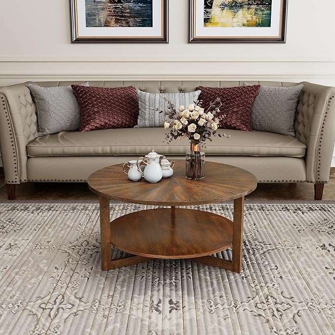 PADMA HOUSE 33.5" Round Wood Coffee Table, 2-Tier Solid Wood Rounded Circle Accent Coffee Table Center Cocktail Table Vintage Furniture for Home Living Room Bedroom,Espresso Brown 3338NC