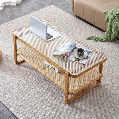 Rattan Coffee Table with Tempered Glass Top,Wood Coffee Table for Living Room,Glass Top with Imitation Rattan Storage Shelf, Rectangle Coffee Table for Living Room