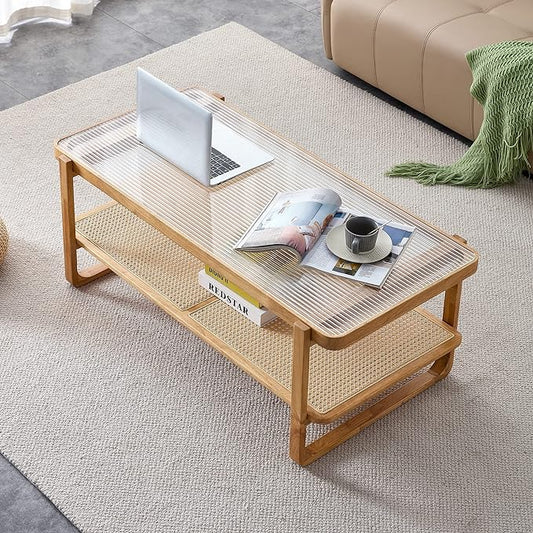 Rattan Coffee Table with Tempered Glass Top,Wood Coffee Table for Living Room,Glass Top with Imitation Rattan Storage Shelf, Rectangle Coffee Table for Living Room
