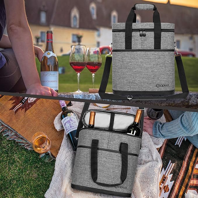 opux 3 Bottle Wine Carrier Tote, Insulated Leakproof Wine Cooler Bag, Wine Travel Bag Tote for Picnic BYOB Beach, Portable Wine Bottle Carrying Case, Gift for Wine Lover Women Men Christmas, Grey