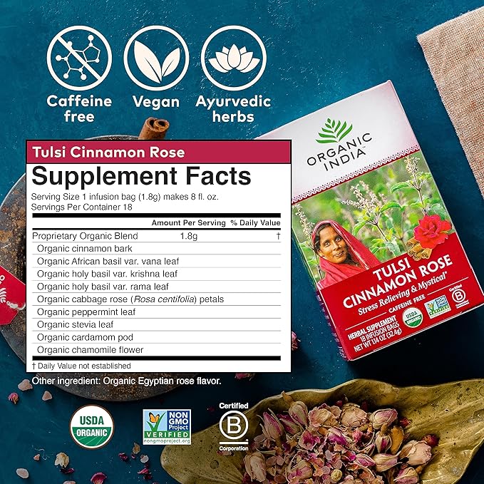 ORGANIC INDIA Tulsi Cinnamon Rose Tea - Tulsi Rose Tea Bags, Cinnamon Tea Bags w/Holy Basil, Chamomile, Caffeine Free - 18 Infusion Bags, 3 Pack