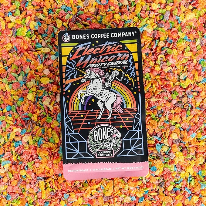 Bones Coffee Company Electric Unicorn, Fruity Cereal With Milk Flavored Coffee, Medium Roast Low Acid Arabica Beans Compatible with Auto drip and French Press Coffee Maker, 12 Oz Ground