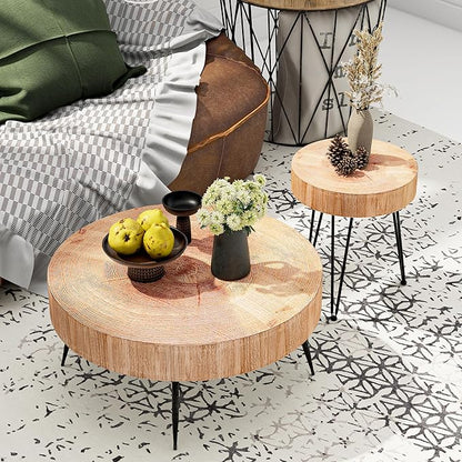 2-Piece Modern Farmhouse Living Room Coffee Table Set, Nesting Table Round Natural Finish with Handcrafted Wood Ring Motif, Light Red + Wood Color