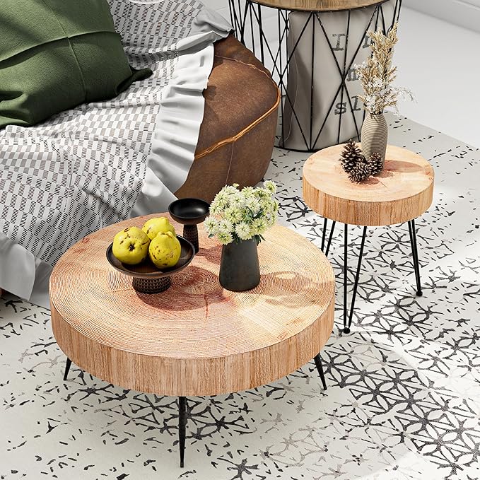 2-Piece Modern Farmhouse Living Room Coffee Table Set, Nesting Table Round Natural Finish with Handcrafted Wood Ring Motif, Light Red + Wood Color