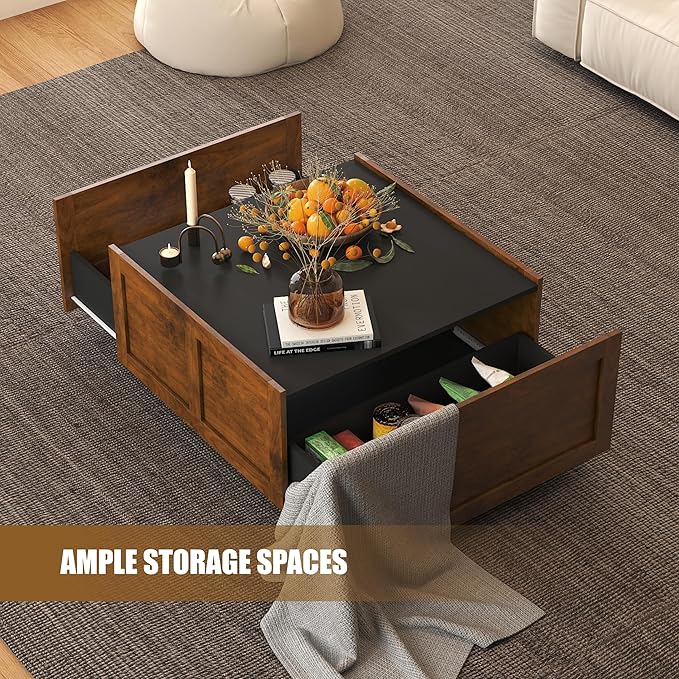 Farmhouse Coffee Table with 2 Storage Drawers for Living Room Square Center Middle Table Modern Cocktail Table Contemporary Mid Century Wood Home Office Waiting Room, Black Rustic