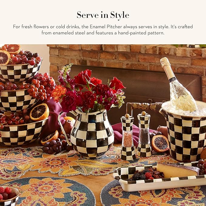 MACKENZIE-CHILDS Enamel Pitcher with Spout for Water, Cut Flowers, and Home Decor, 3 Quarts, Black-and-White Courtly Check