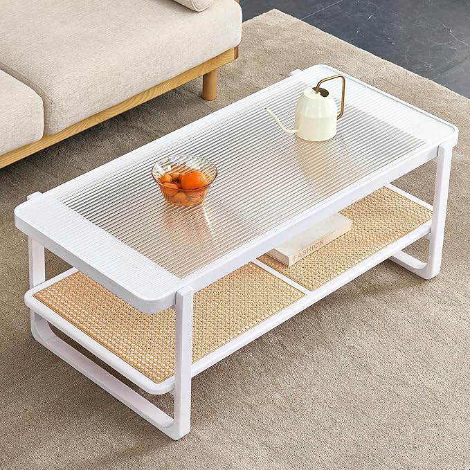 Mid Century Modern Coffee Table with Ribbed Glass Top and PE Rattan Storage Shelf, 45 Inch Rectangular Solid Wood Boho Coffe Table, Unique Center Table for Livinig Room Apartment Small Space