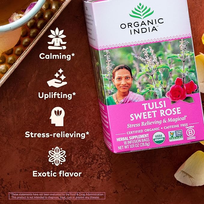 ORGANIC INDIA Tulsi Sweet Rose Herbal Tea - Holy Basil Leaf, African Basil, Chamomile, Lemon Myrtle, Stress Relieving, Caffeine Free - 18 Bags, 3 Pack