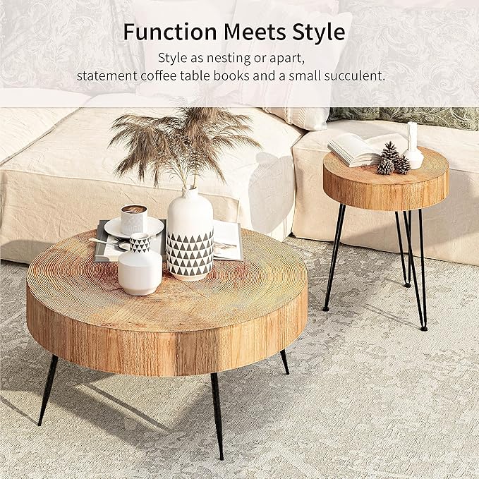 2-Piece Modern Farmhouse Living Room Coffee Table Set, Nesting Table Round Natural Finish with Handcrafted Wood Ring Motif, Light Red + Wood Color