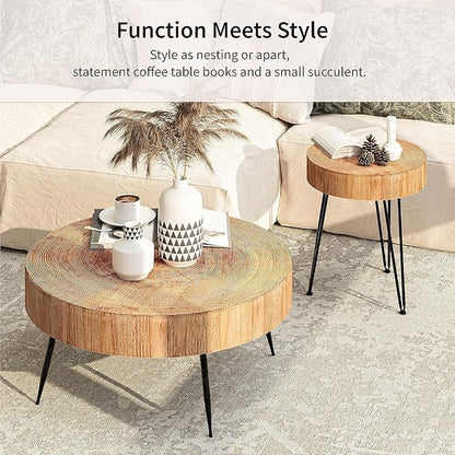 2-Piece Modern Farmhouse Living Room Coffee Table Set, Nesting Table Round Natural Finish with Handcrafted Wood Ring Motif, Light Red + Wood Color
